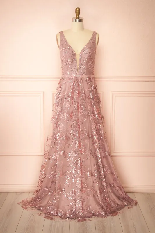 Alix Mauve | Glittery V-Neck Maxi Dress sold by Boutique 1861