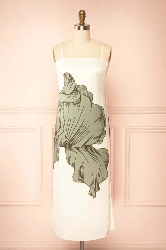 Brynlee | Ivory Midi Satin Dress with Leaf Motif sold by Boutique 1861