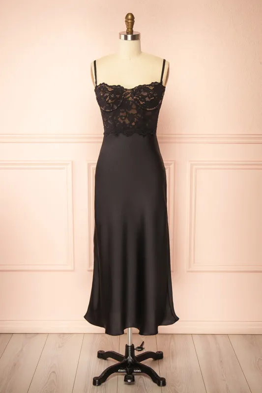Irene | Black Midi Dress with Lace Bodice sold by Boutique 1861