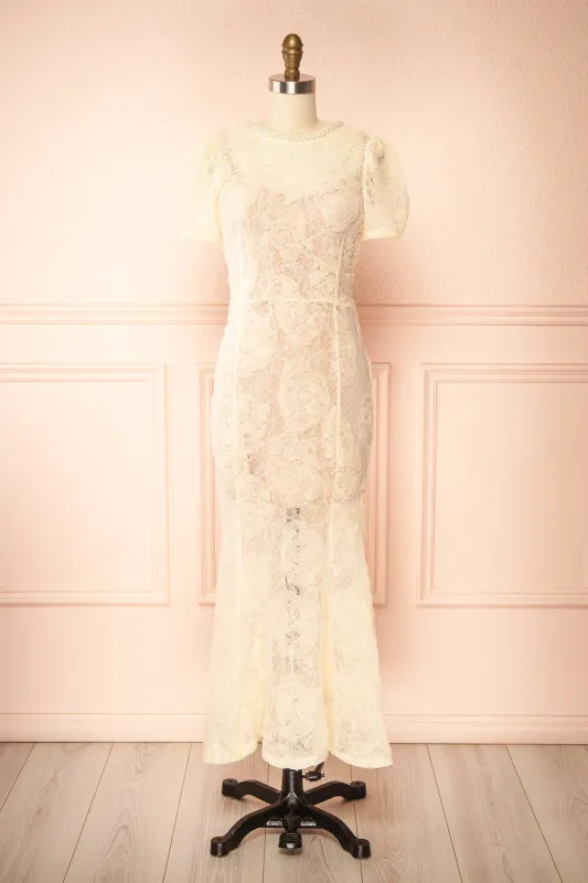 Felicity | Cream Lace Mermaid Midi Dress with Pearls sold by Boutique 1861