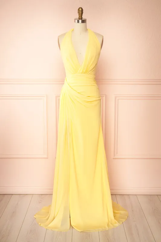 Tahina Light Yellow | Chiffon Halter Neck Maxi Dress sold by Boutique 1861