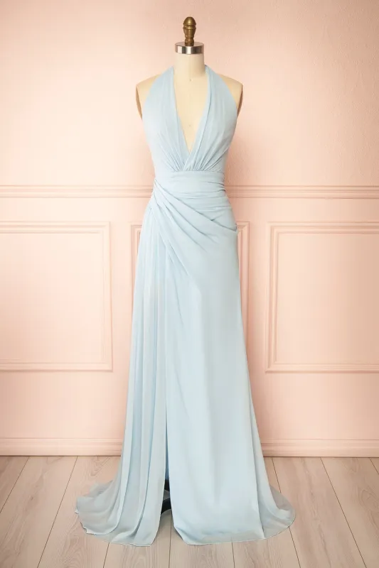 Tahina Light Blue | Chiffon Halter Neck Maxi Dress sold by Boutique 1861
