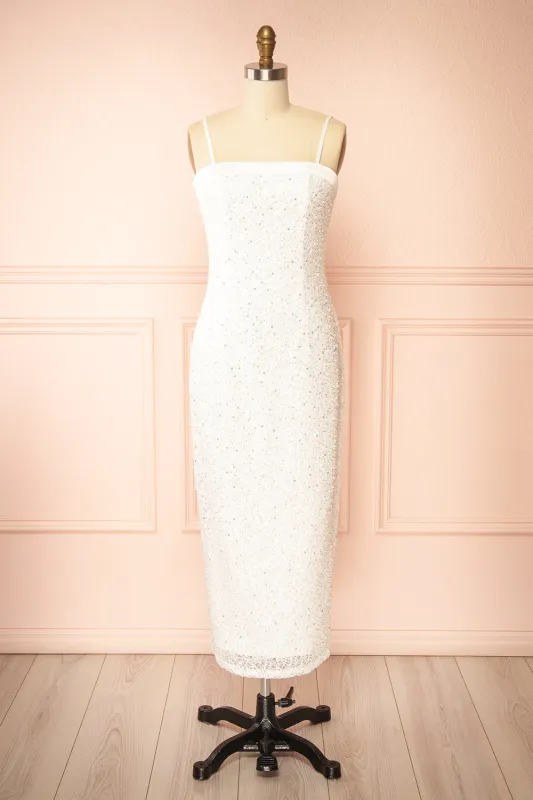 Adelina | White Beaded Midi Dress sold by Boutique 1861