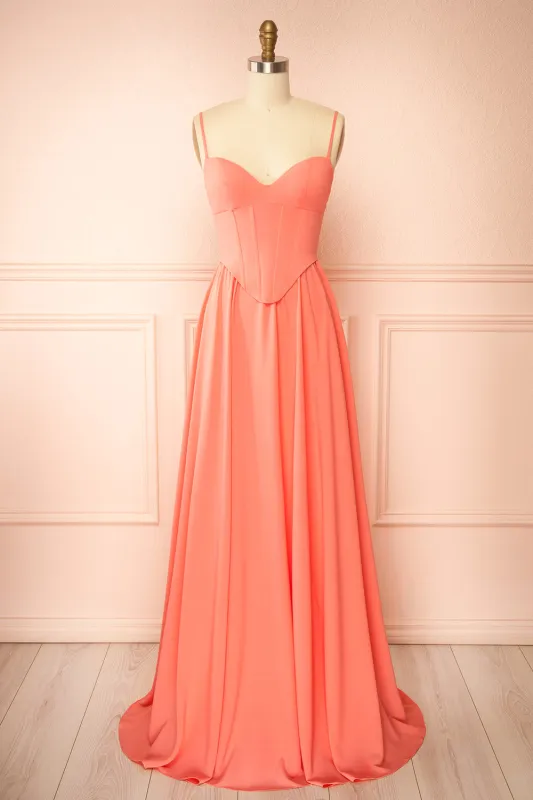 Syana Coral | Long Chiffon Corset Dress with Scarf sold by Boutique 1861