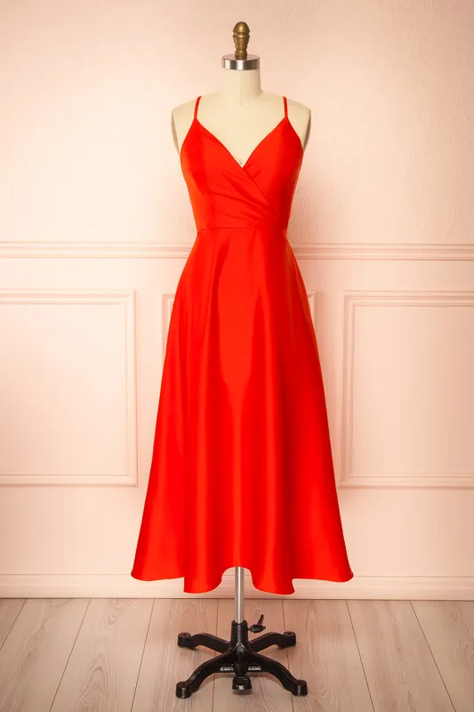 Caryanne Red | Tie-Back Satin Dress with Pockets sold by Boutique 1861