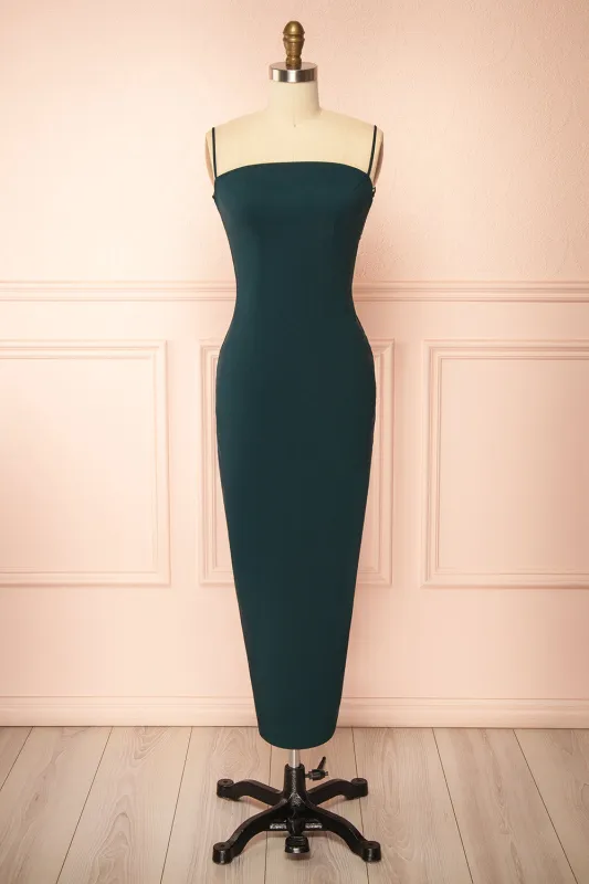 Arannia Green | Fitted Midi Dress with Laced Back sold by Boutique 1861