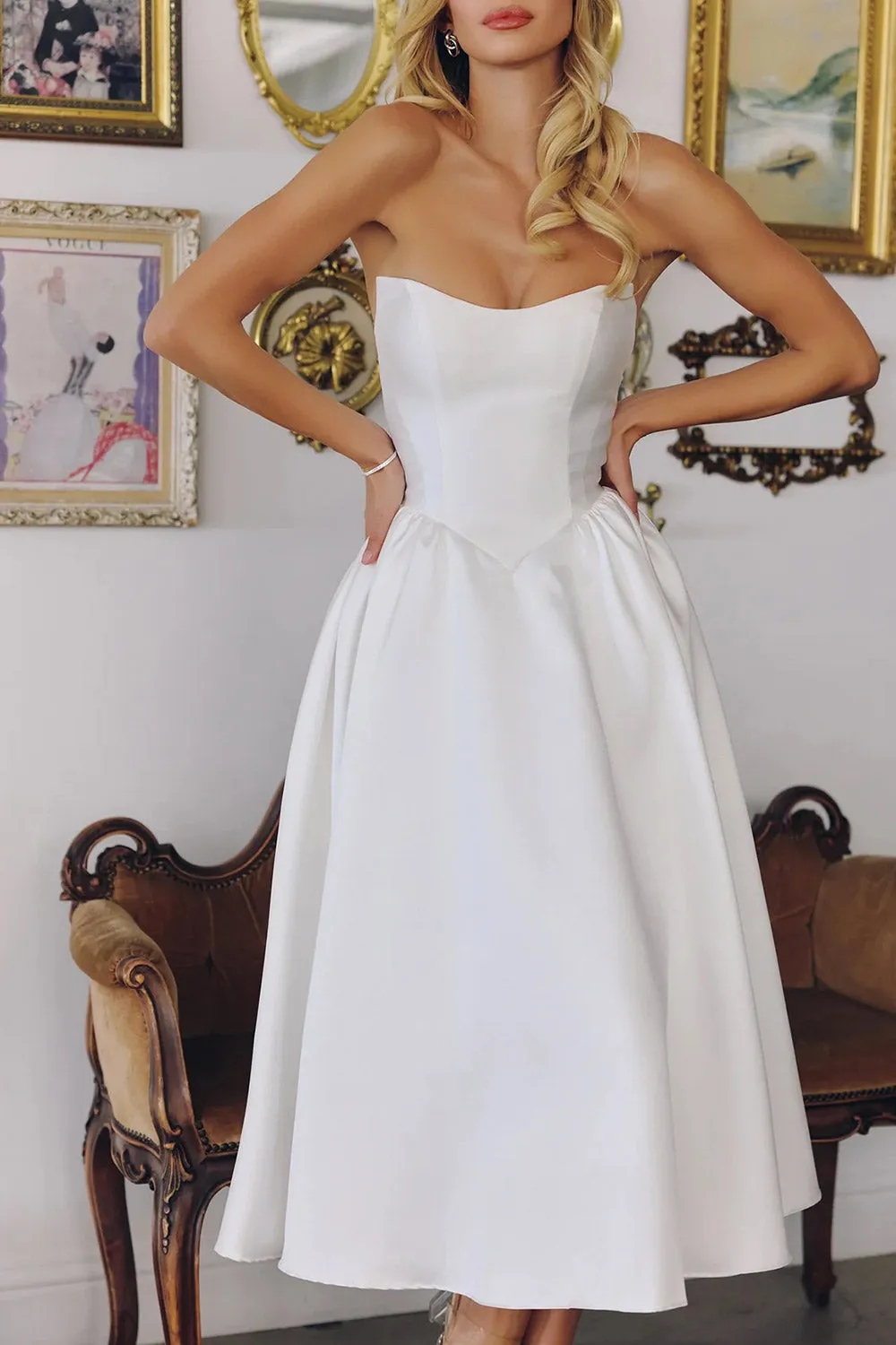 Thalania | Long White Satin Dress with Fitted Bodice and Pockets sold by Boutique 1861 product image thumbnail 3