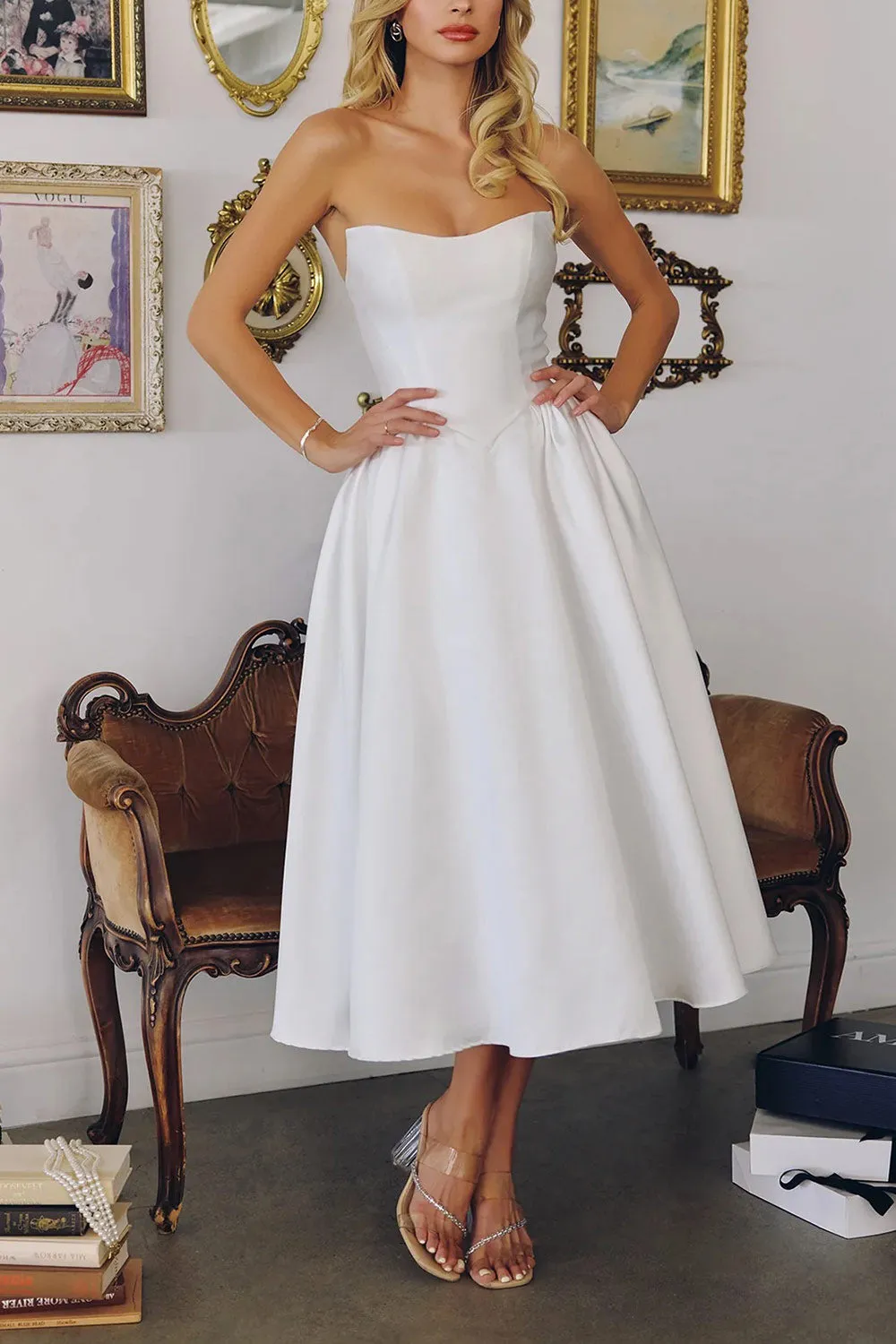 Thalania | Long White Satin Dress with Fitted Bodice and Pockets sold by Boutique 1861 product image thumbnail 2