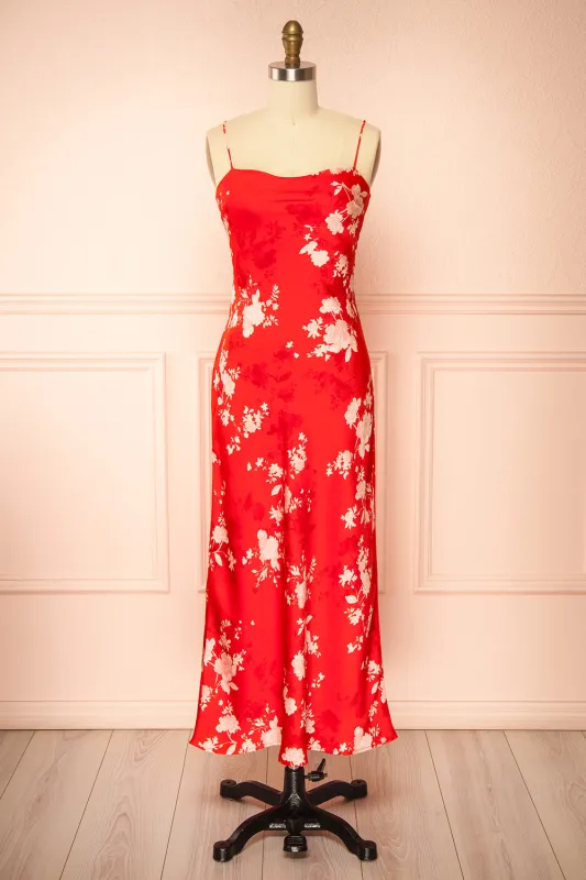 Bobbi | Red Floral Fitted Midi Dress made by Boutique 1861