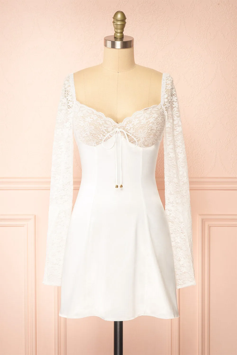 Faerelia | Short White Satin Dress w/ Lace Sleeves sold by Boutique 1861
