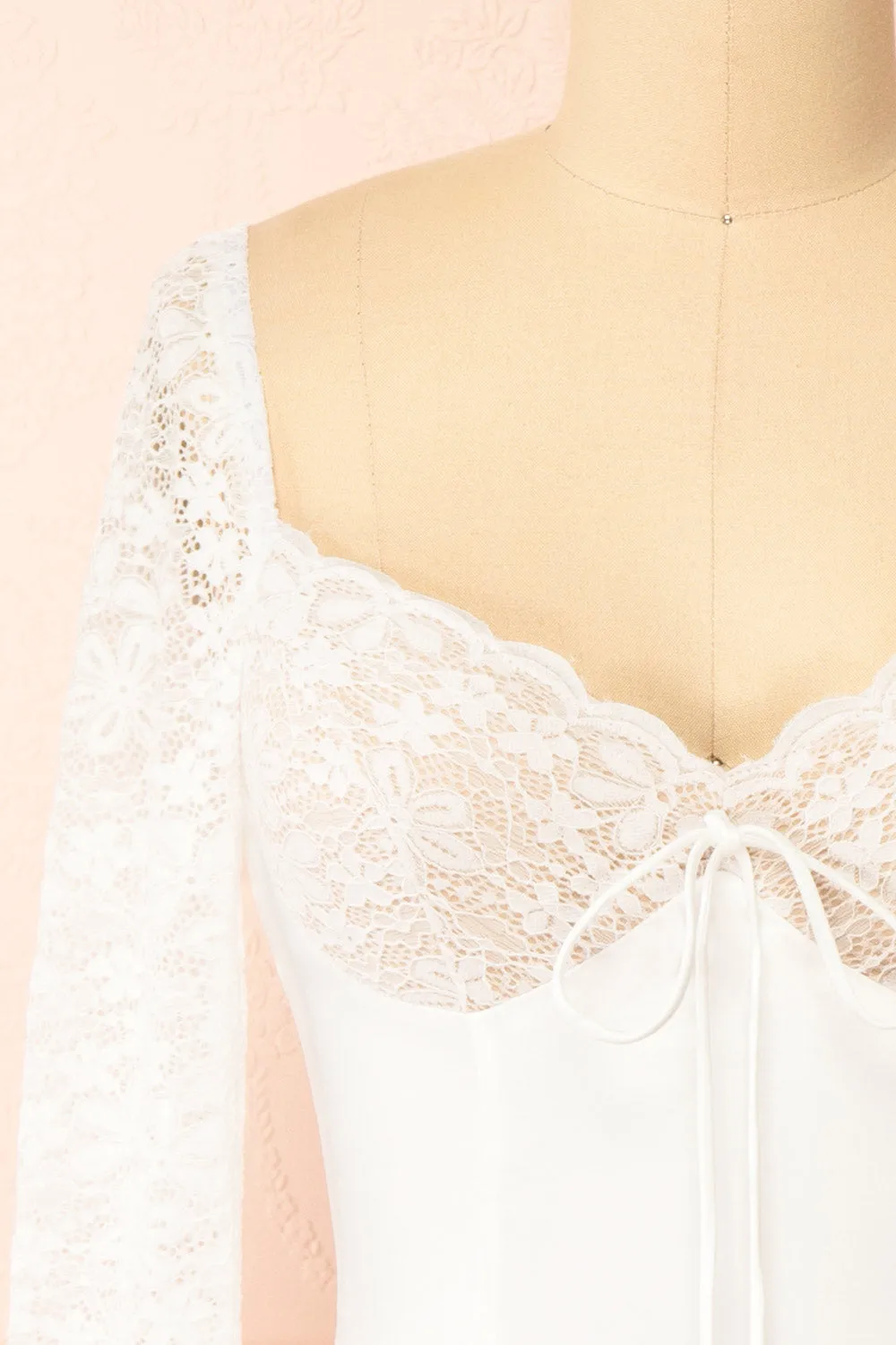 Faerelia | Short White Satin Dress w/ Lace Sleeves sold by Boutique 1861 product image thumbnail 2