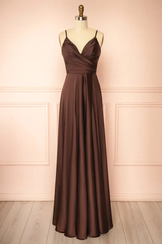Lizza Brown | Satin Maxi Dress with Slit sold by Boutique 1861