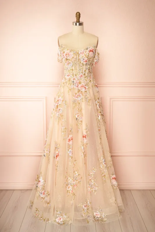 Alice | A-Line Floral Champagne Maxi Dress made by Boutique 1861