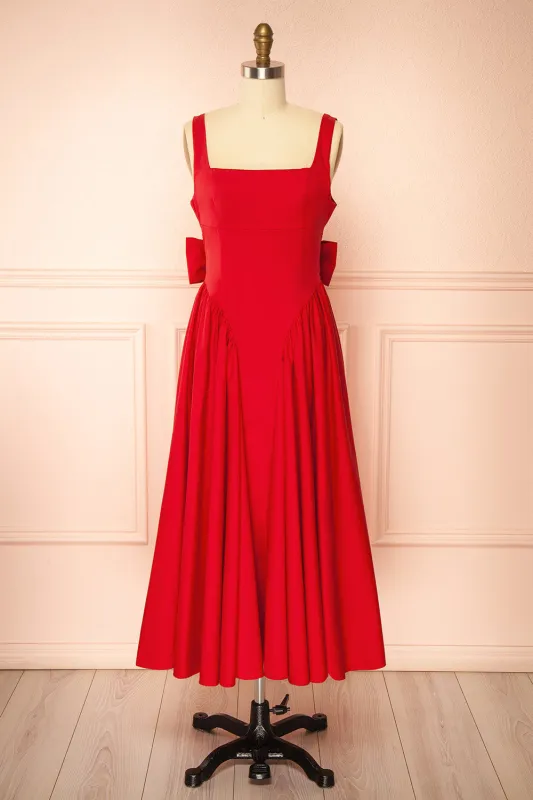 Mariah | A-Line Midi Red Dress with Ribbons at Back made by Boutique 1861