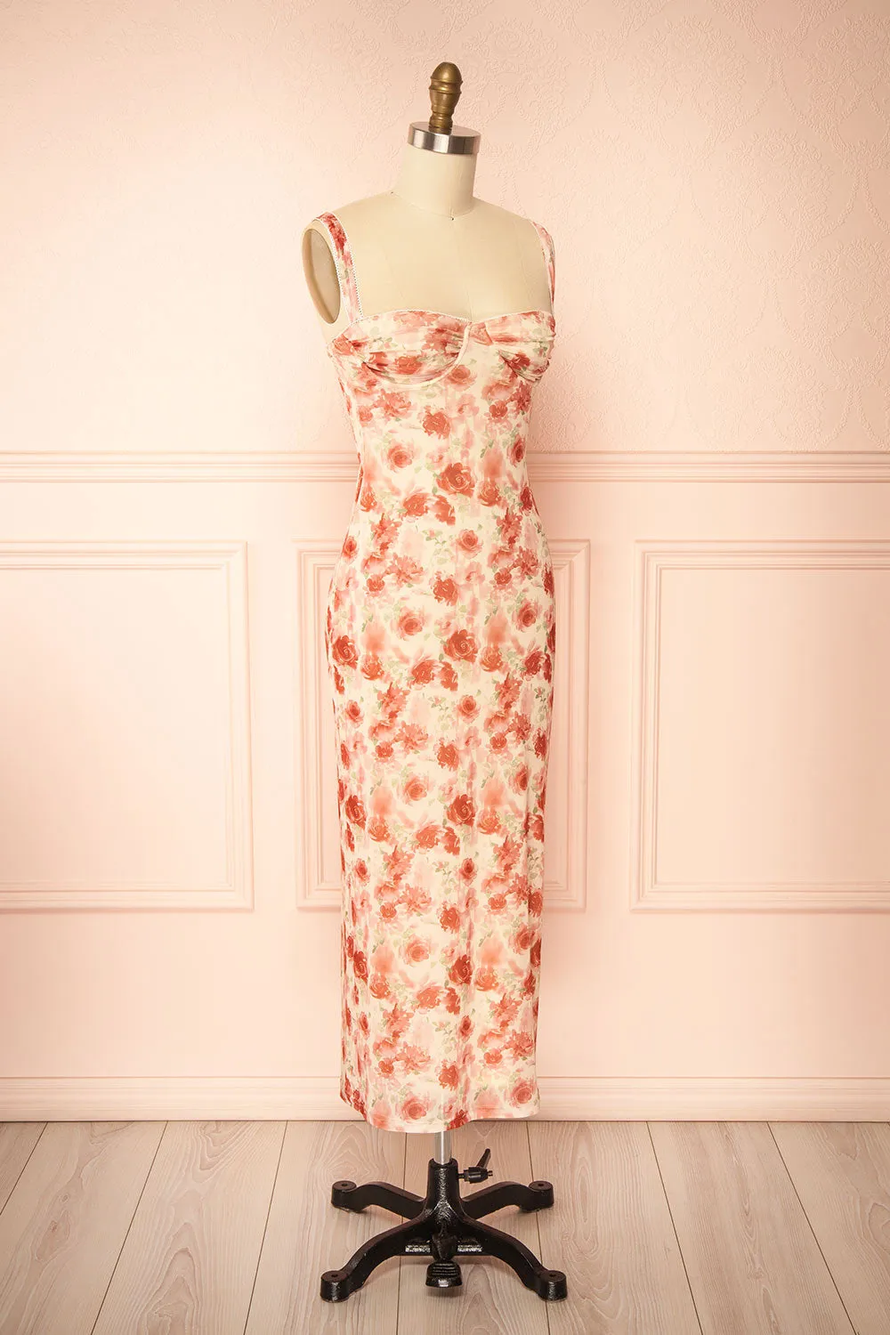 Sarina | Pink Fitted Bustier Mesh Midi Dress with Floral Motif sold by Boutique 1861 product image thumbnail 5