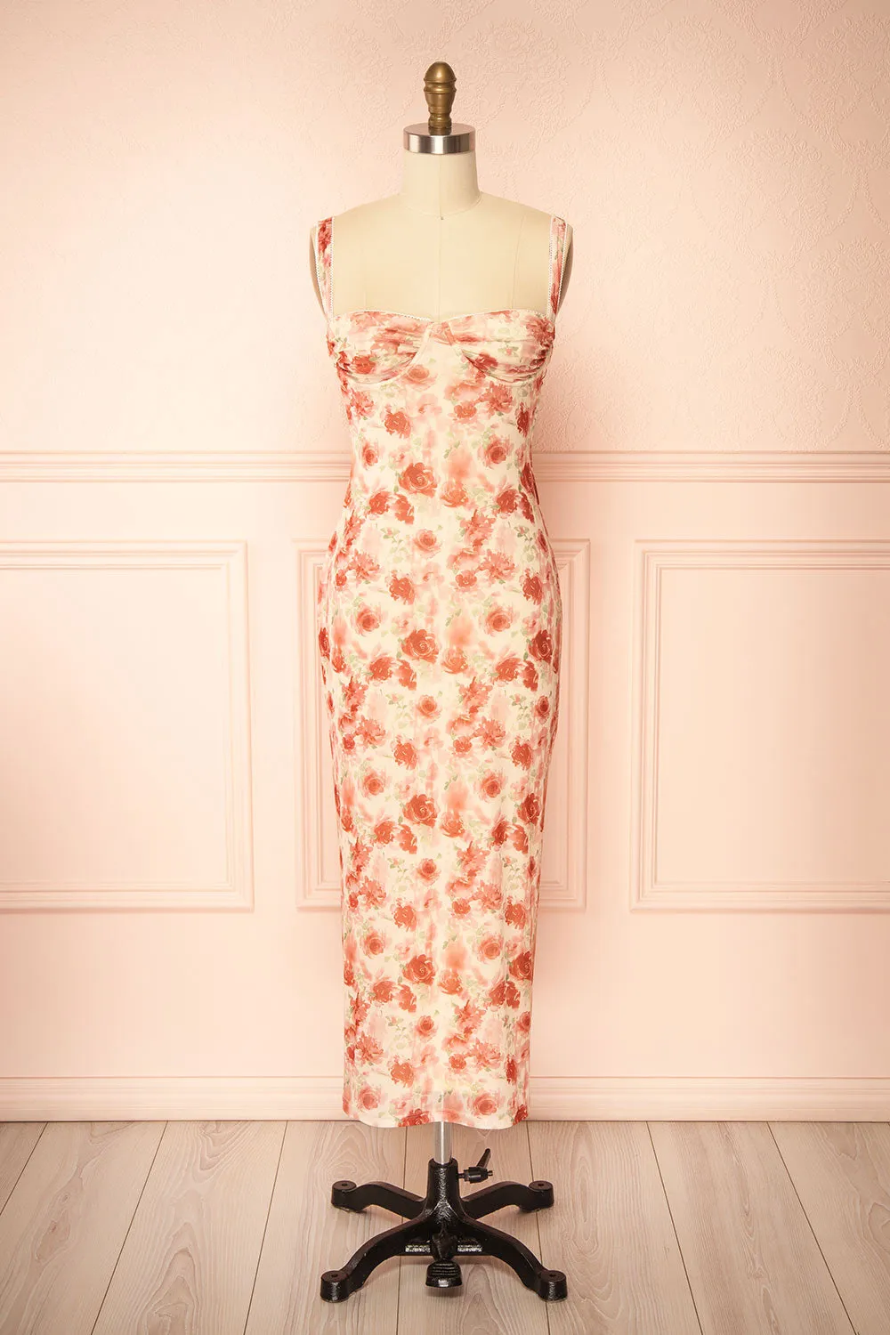 Sarina | Pink Fitted Bustier Mesh Midi Dress with Floral Motif sold by Boutique 1861