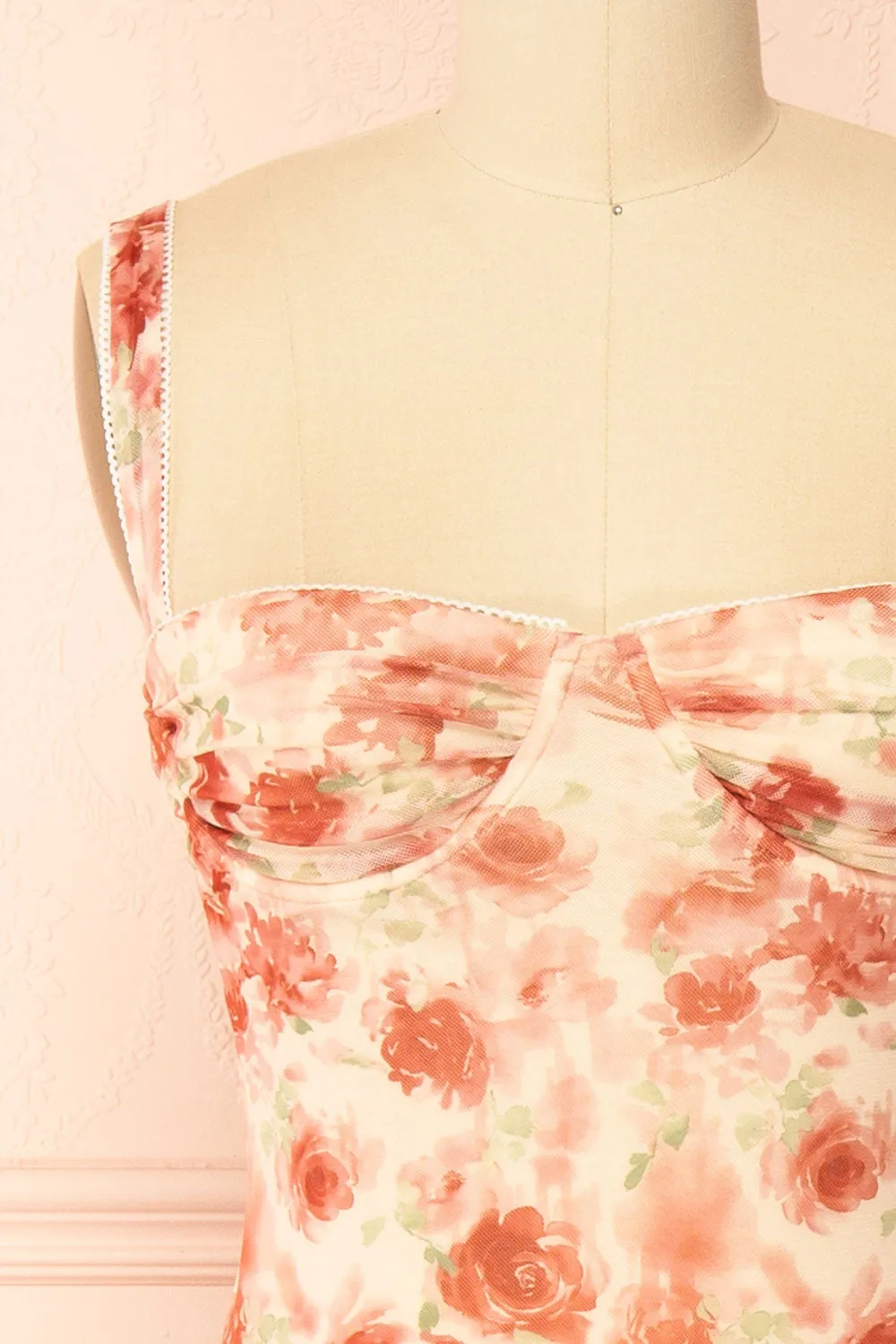 Sarina | Pink Fitted Bustier Mesh Midi Dress with Floral Motif sold by Boutique 1861 product image thumbnail 4