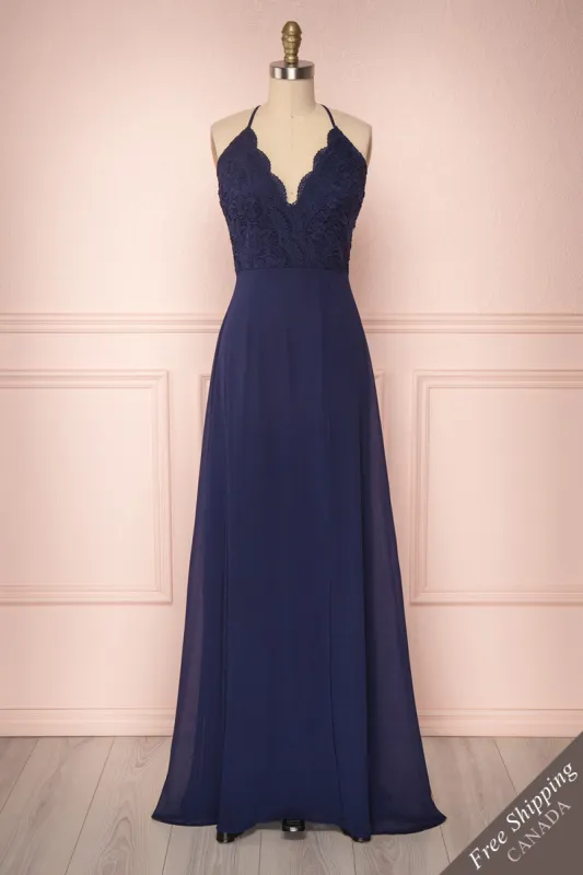 Fabia Navy | Blue Lace & Chiffon Dress sold by Boutique 1861