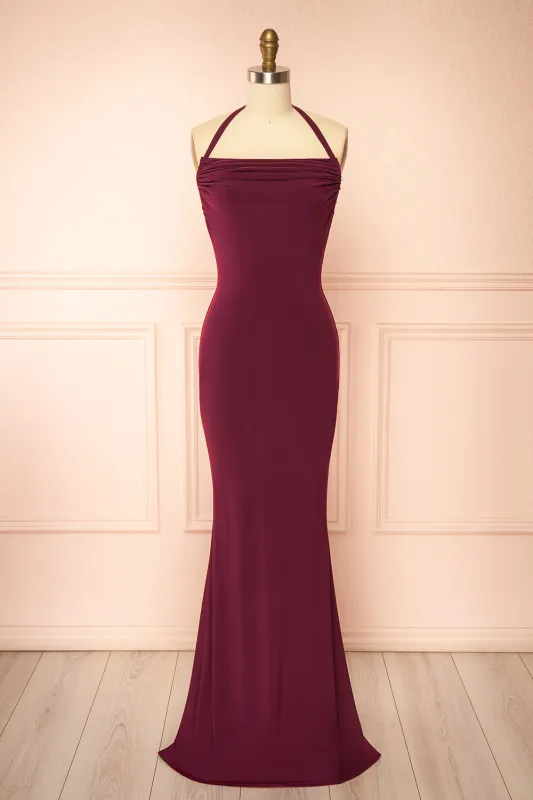 Lindy Burgundy | Fitted Open Back Maxi Dress with Versatile Neckline made by Boutique 1861