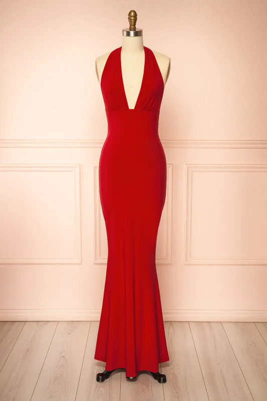 Caiden Red | Halter V Neck Open Back Mermaid Dress sold by Boutique 1861