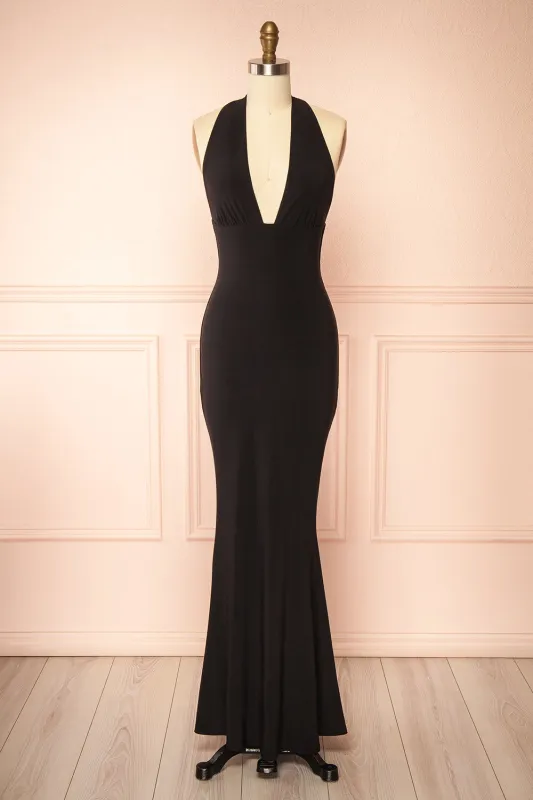 Caiden Black | Halter V Neck Open Back Mermaid Dress sold by Boutique 1861