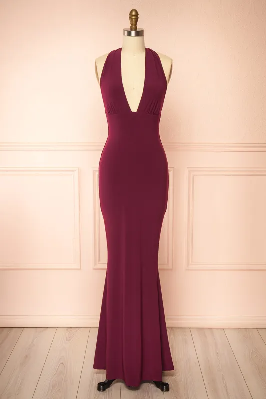 Caiden Burgundy | Halter V Neck Open Back Mermaid Dress sold by Boutique 1861
