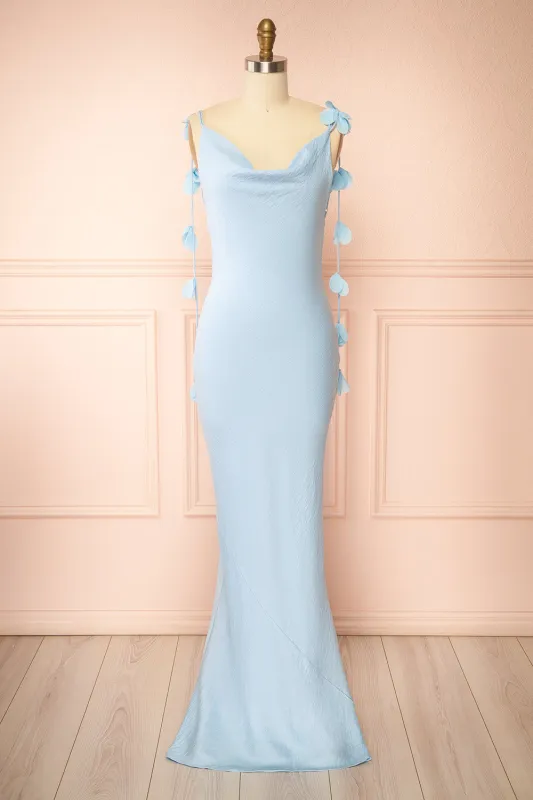 Saemi Light Blue | Maxi Open Back Gown with Flower Embellishments made by Boutique 1861