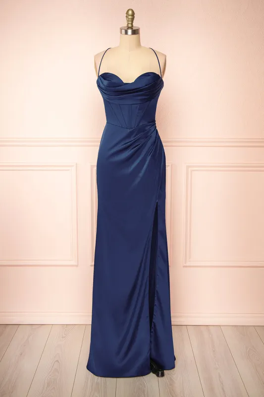 Kesha Navy | Corset Cowl Neck Maxi Dress sold by Boutique 1861