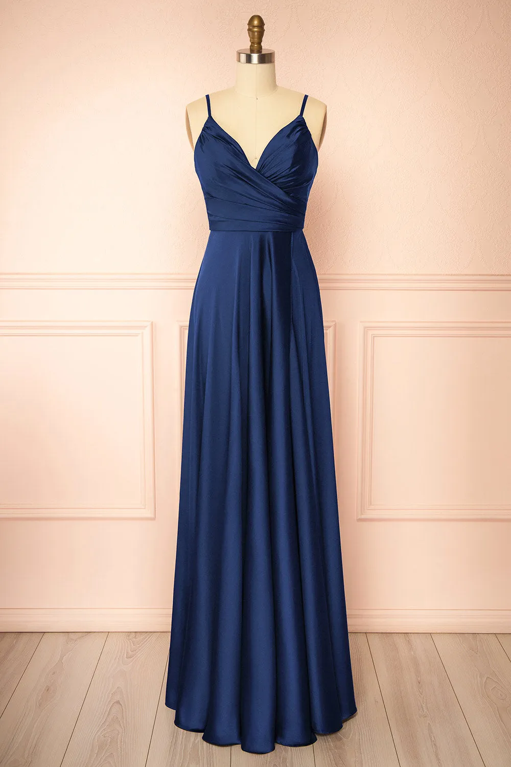 Lizza Navy | Satin Maxi Dress with Slit sold by Boutique 1861