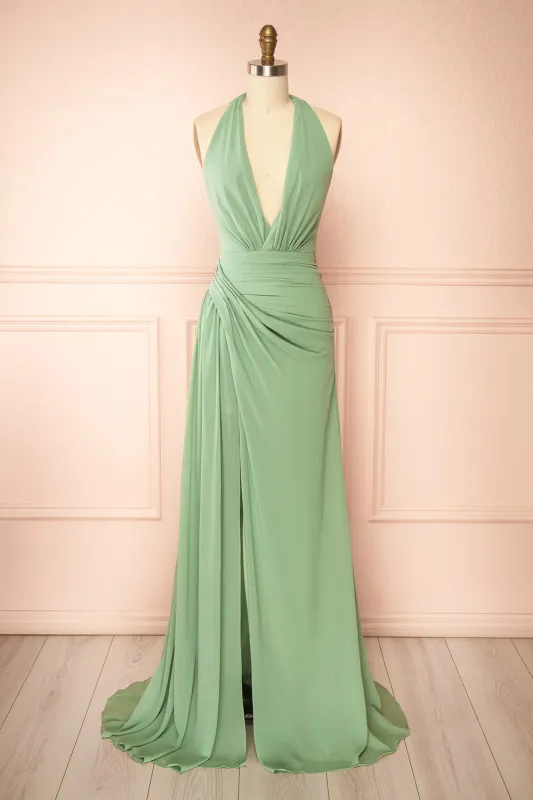 Tahina Sage | Chiffon Halter Neck Maxi Dress sold by Boutique 1861