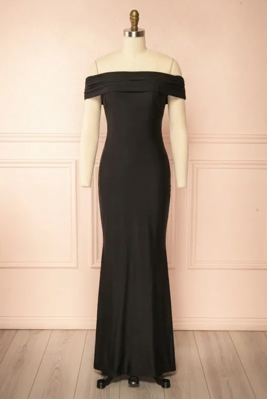 Nilda | Black Off-Shoulder Maxi Dress with Open Back made by Boutique 1861