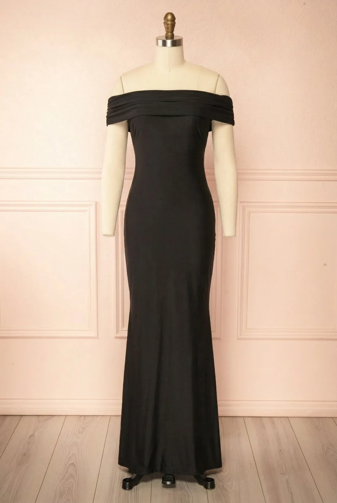 Nilda | Black Off-Shoulder Maxi Dress with Open Back sold by Boutique 1861