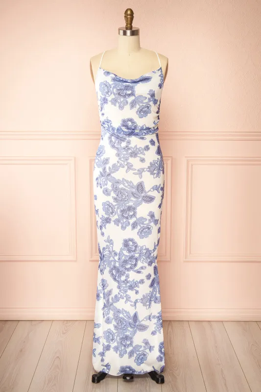 Aileen Blue | Floral Maxi Mermaid Dress with Open Back made by Boutique 1861