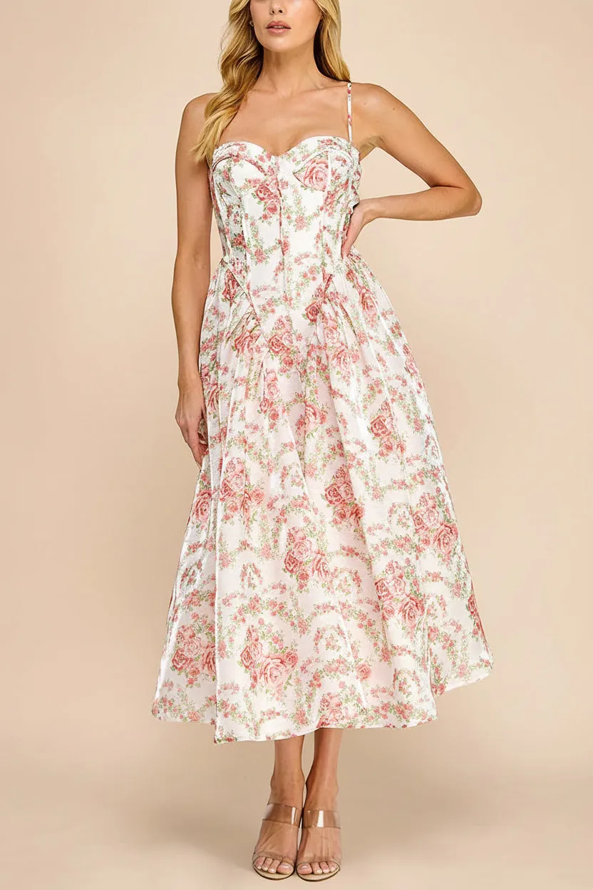 Shaima | White Floral Organza Midi Dress with Corset Bodice sold by Boutique 1861 product image thumbnail 2