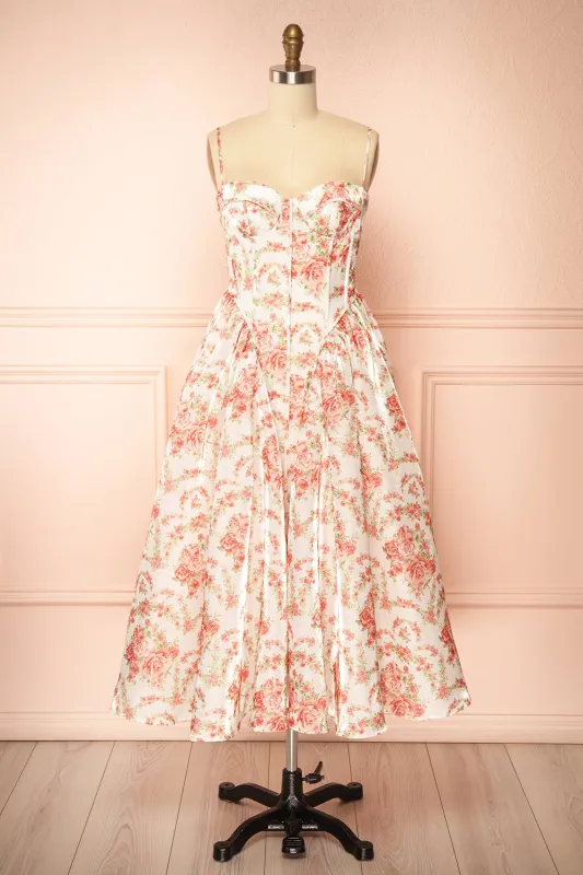 Shaima | White Floral Organza Midi Dress with Corset Bodice sold by Boutique 1861