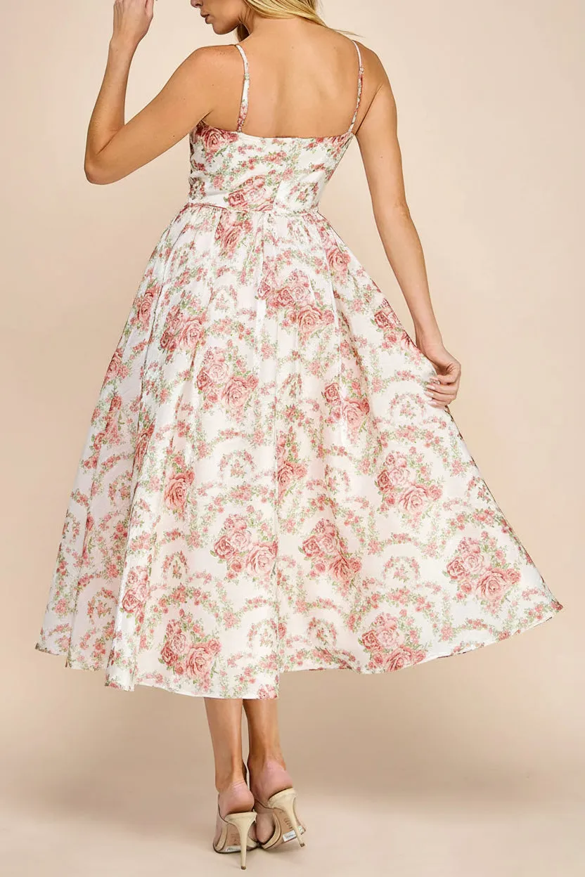 Shaima | White Floral Organza Midi Dress with Corset Bodice sold by Boutique 1861 product image thumbnail 4