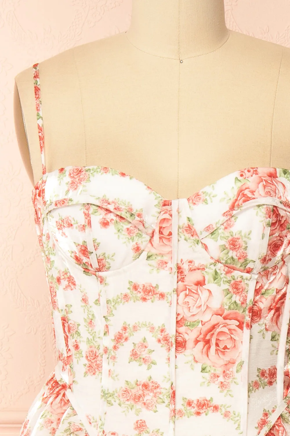 Shaima | White Floral Organza Midi Dress with Corset Bodice sold by Boutique 1861 product image thumbnail 5