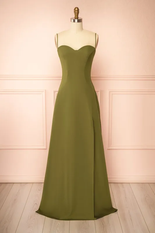 Amellia Khaki | A-Line Maxi Dress with Front Slit by Arti Gogna made by Boutique 1861