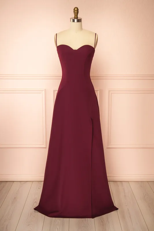 Amellia Burgundy | A-Line Maxi Dress with Front Slit by Arti Gogna made by Boutique 1861