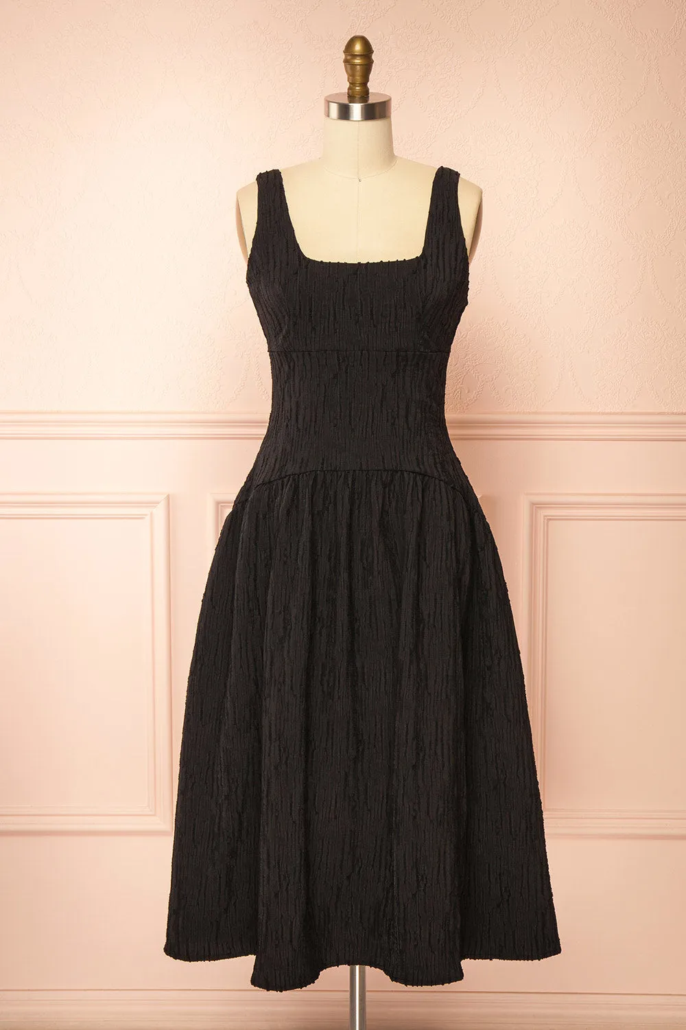 Tyrah Black | Midi Dress with Drop Waist sold by Boutique 1861