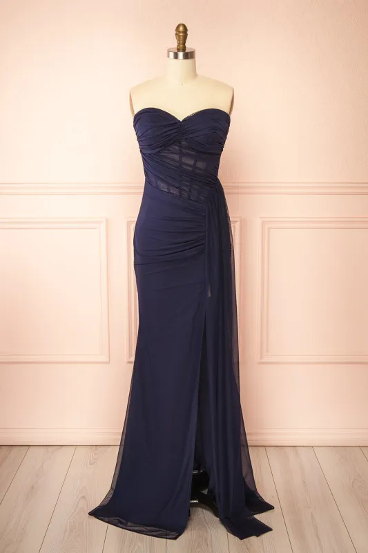 Jovie Navy | Mermaid Mesh Maxi Dress with Corset and Front Slit made by Boutique 1861