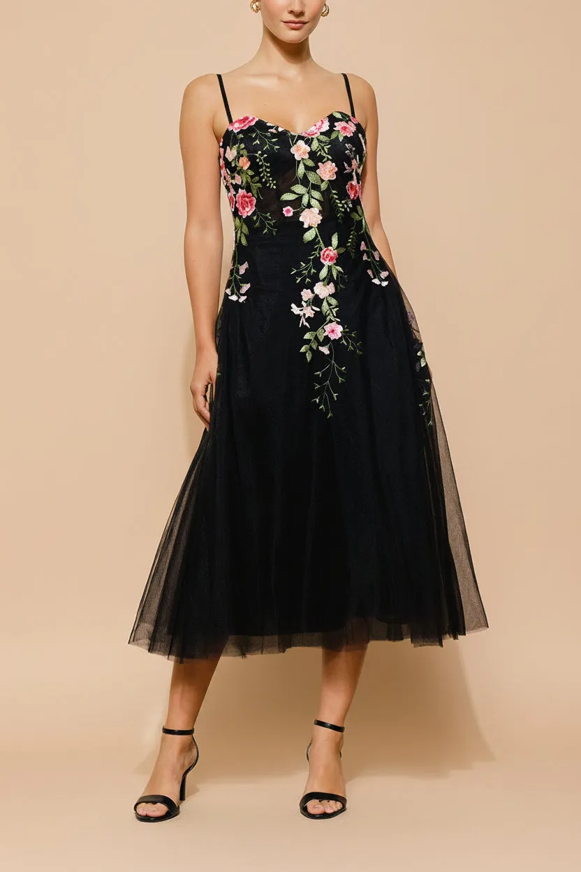 Claree | Black Corset Tulle Midi Dress with Floral Embroidery sold by Boutique 1861 product image thumbnail 2