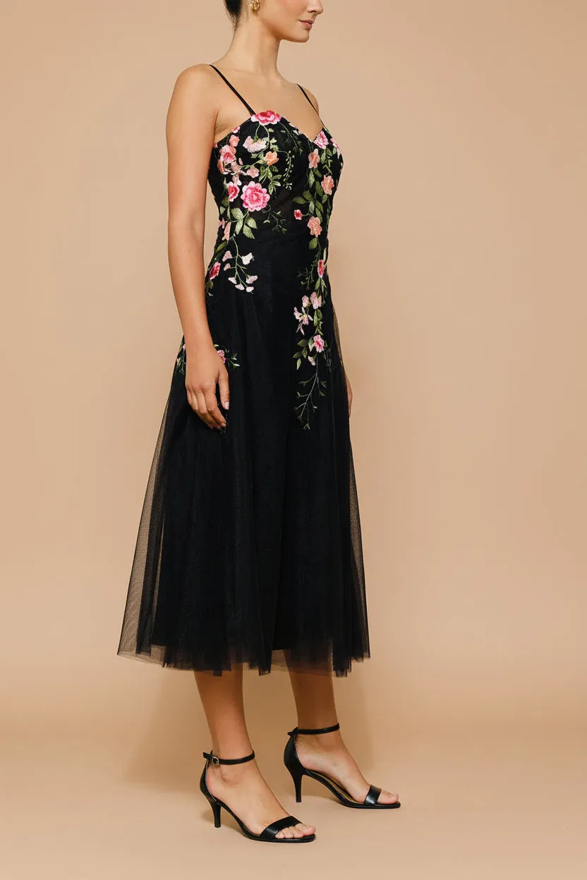 Claree | Black Corset Tulle Midi Dress with Floral Embroidery sold by Boutique 1861 product image thumbnail 3