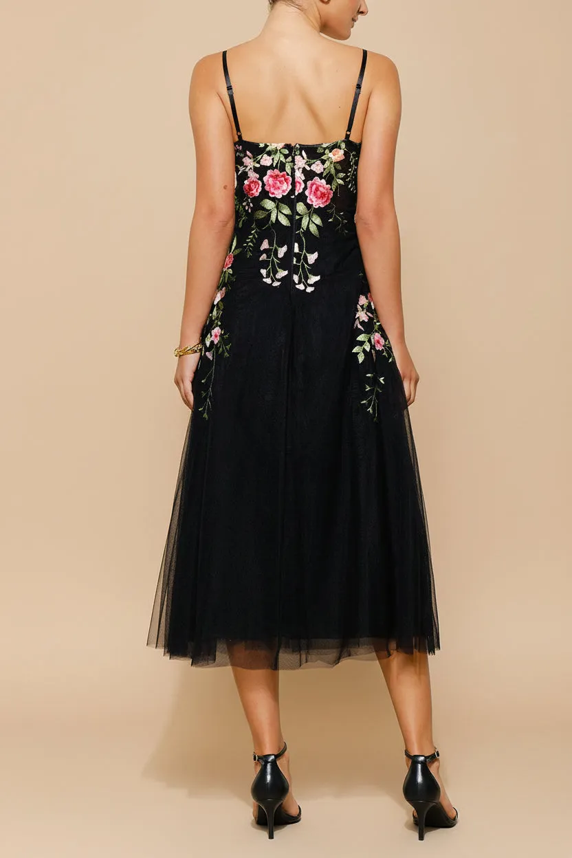 Claree | Black Corset Tulle Midi Dress with Floral Embroidery sold by Boutique 1861 product image thumbnail 4