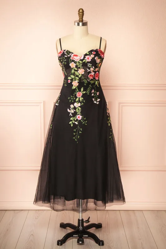 Claree | Black Corset Tulle Midi Dress with Floral Embroidery made by Boutique 1861