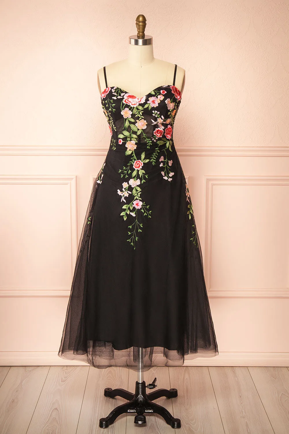 Claree | Black Corset Tulle Midi Dress with Floral Embroidery sold by Boutique 1861