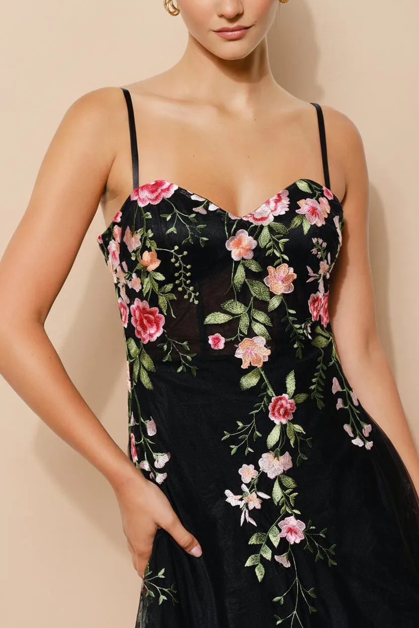 Claree | Black Corset Tulle Midi Dress with Floral Embroidery sold by Boutique 1861 product image thumbnail 5