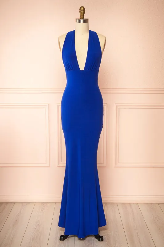 Caiden Blue | Halter V Neck Open Back Mermaid Dress made by Boutique 1861