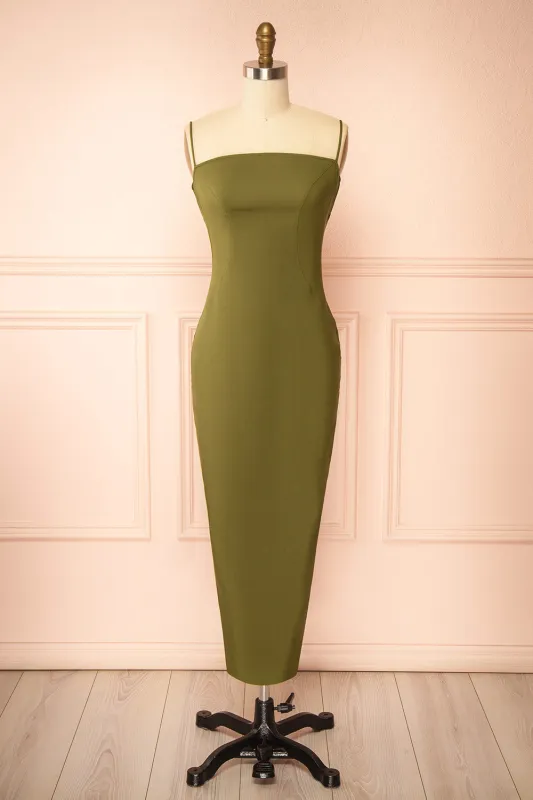 Arannia Khaki | Fitted Midi Dress with Laced Back by Arti Gogna made by Boutique 1861