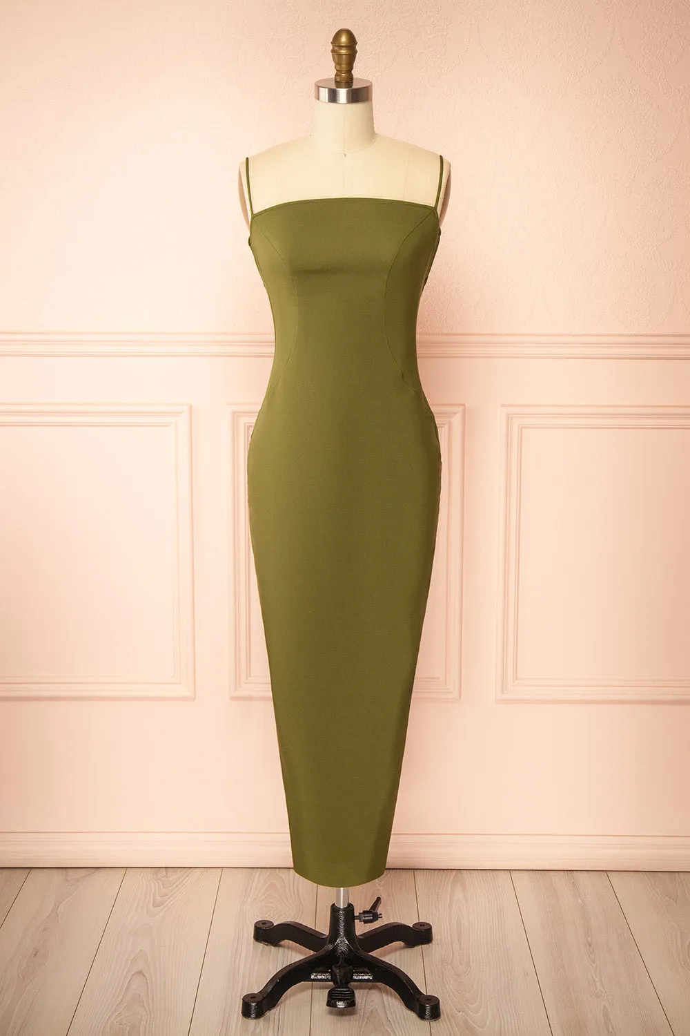 Arannia Khaki | Fitted Midi Dress with Laced Back by Arti Gogna sold by Boutique 1861